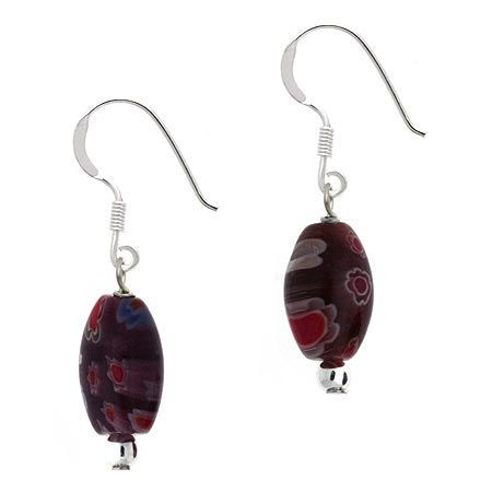 Sterling Silver Purple Millefiori Murano Glass Oval Bead Dangle Earrings - Grocery