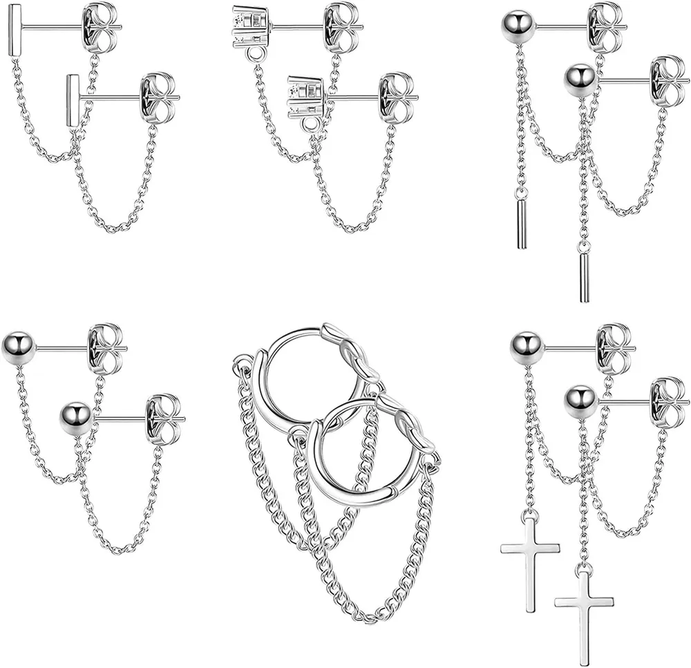 6Pairs Chain Stud Earrings for Women Stainless Post Hypoallergenic Dangle Earrings Ball Bar Cross CZ Stud Earrings Set Huggie Hoop Piercing Earrings - Grocery