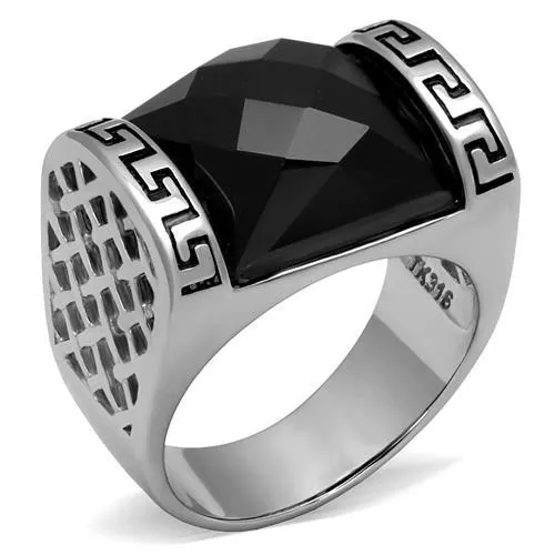 TK3016 - High polished (no plating) Stainless Steel Ring with Synthetic Onyx in Jet - Grocery
