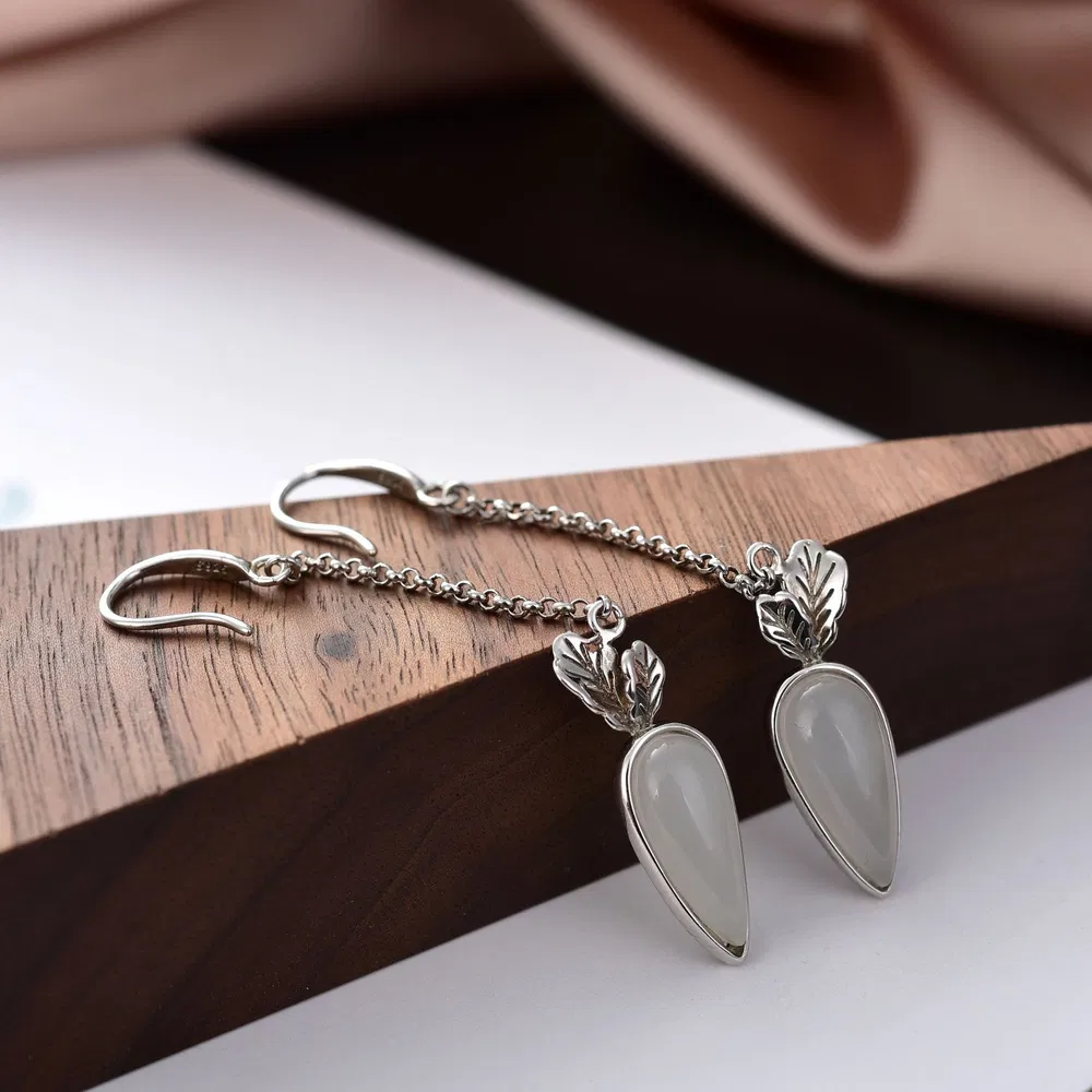 S925 Sterling Silver Natural Hetian White Jade Earrings Radish Cute Jewelry Earrings - Grocery