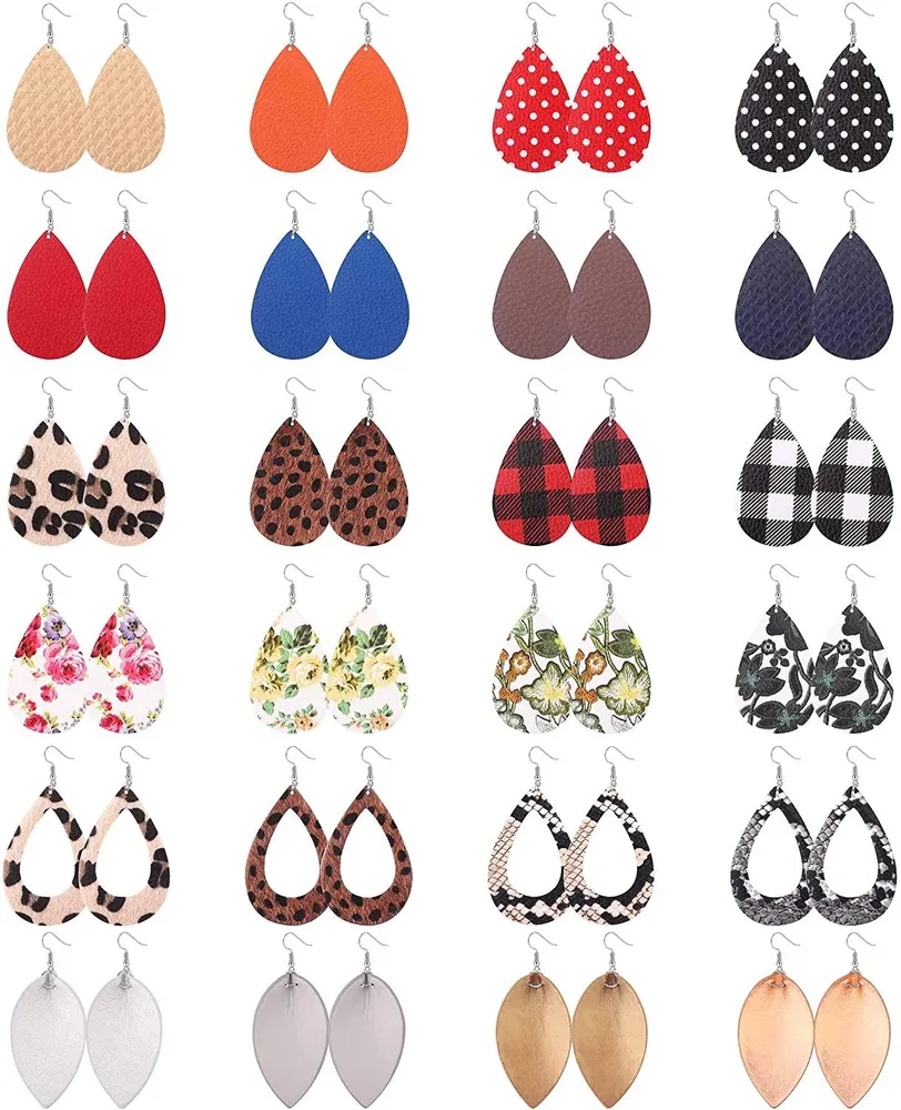 24Pairs Faux Leather Earrings for Women Teardrop Leaf Flower Leopard Print Petal Drop Earrings Antique Lightweight Leather Earring Set - Grocery