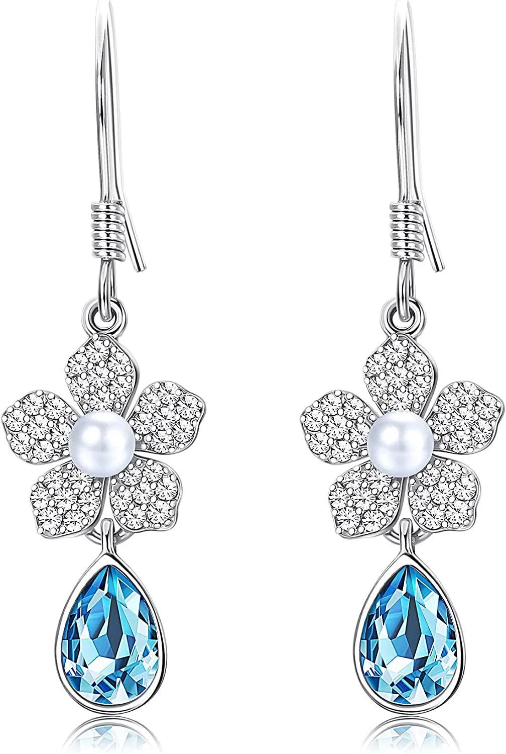 925 Sterling Blue Teardrop Earrings Austria Crystals Flower Dangle earrings Pearl Drop Earrings for Women - Grocery