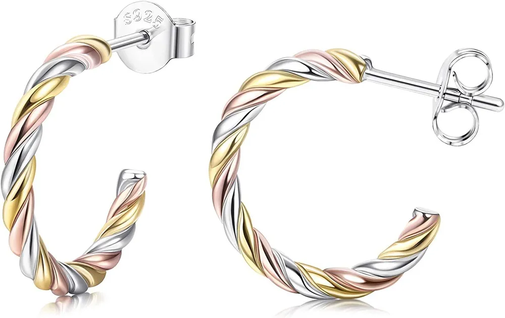 925 Sterling Twisted Half Hoop Earrings for Women Minimalist Small Open Rope Hoop Earring Hypoallergenic 12MM - Grocery