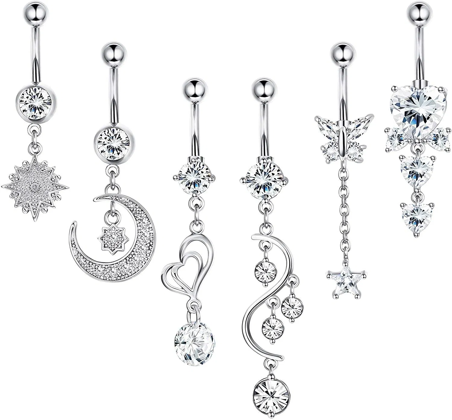 6Pcs 14G Belly Button Rings Dangle for Women Surgical Steel Navel Rings Body Piercing Jewelry - Grocery