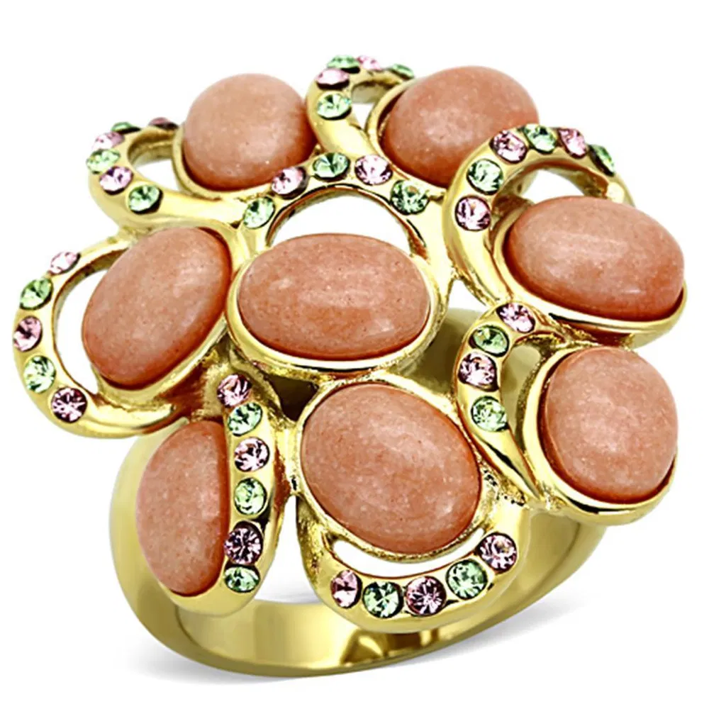 TK1102 - IP Gold(Ion Plating) Stainless Steel Ring with Synthetic Coral in Orange - Grocery