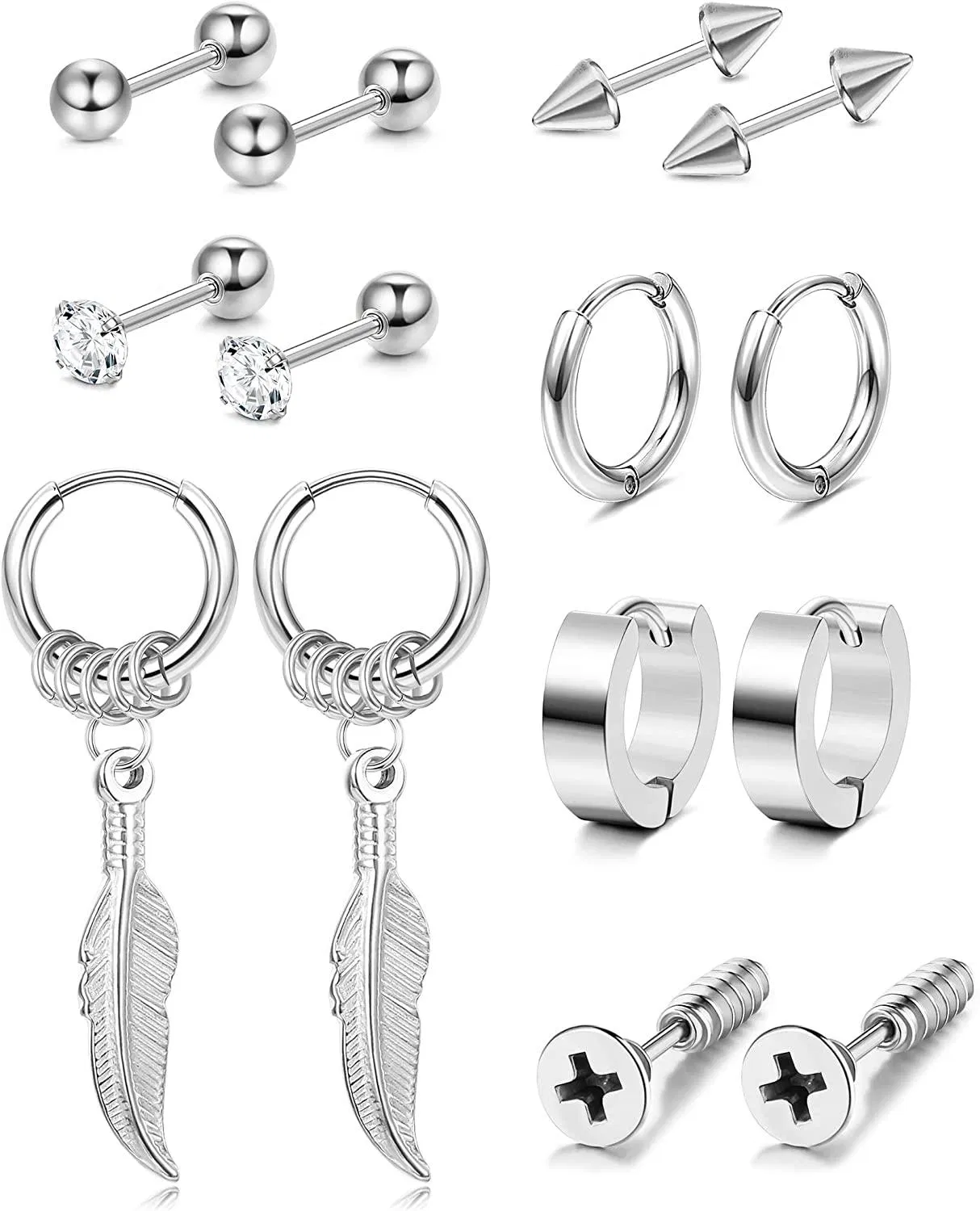 7 Pairs Stainless Earrings for Men Women Cool Feather Hoop Dangle Earrings CZ Stud Earrings - Grocery