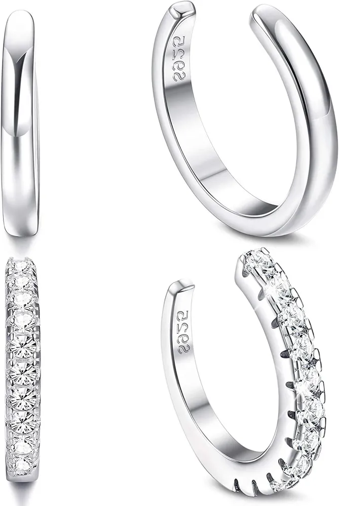 2Pairs 925 Sterling Ear Cuffs for Women Small Hoop Earrings Smooth Cubic Zirconia Paved Non-Piercing Cartilage Clip On Wrap Earring Adjustable - Grocery