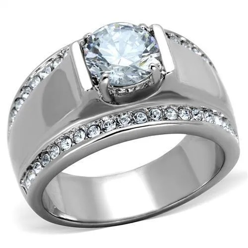 TK2054 - High polished (no plating) Stainless Steel Ring with AAA Grade CZ in Clear - Grocery