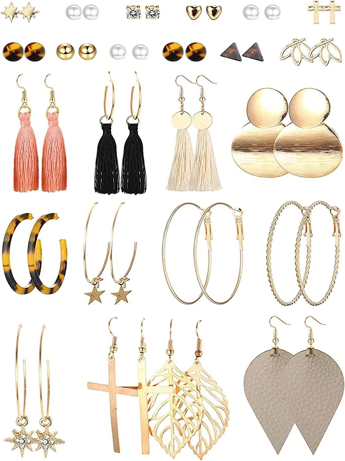 24 Pairs Fashion Earrings Set for Women Bohemian Tassel Drop Dangle Earrings Acrylic Leopard Statement Hoop Earrings Ball Stud Earrings - Grocery