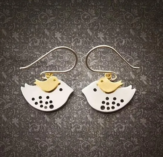SKY TRAVELERS EARRINGS Little Bird Learning To Fly From Mom Bird in 925 Sterling Silver hooks - Grocery
