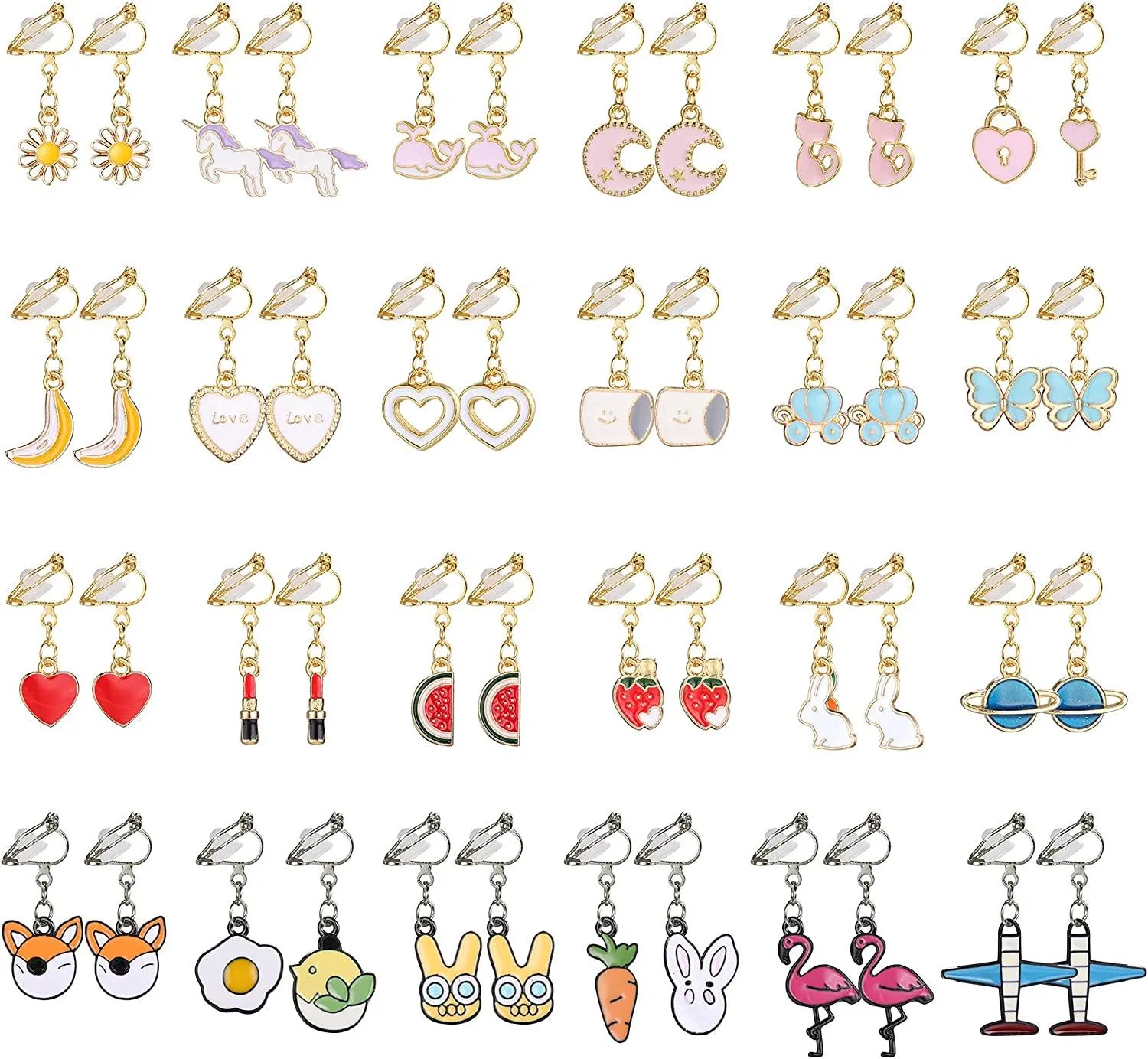 24 Pairs Clip on Earrings Heart Butterfly Bunny Moon Unicorn Earrings Cute Animal Earrings Princess Play Set Gifts for Women Teens - Grocery