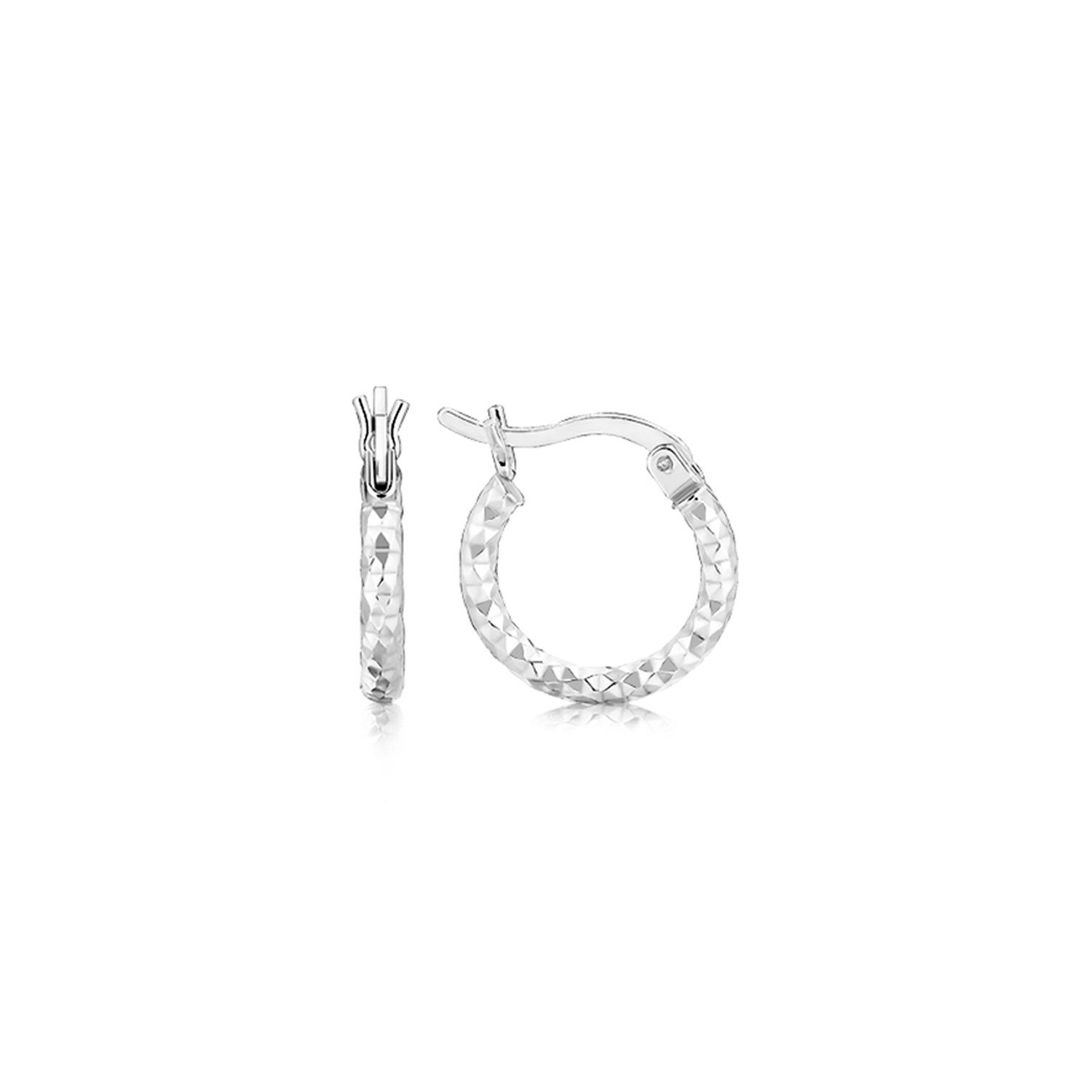Sterling Silver Rhodium Plated Faceted Design Small Hoop Earrings - Grocery
