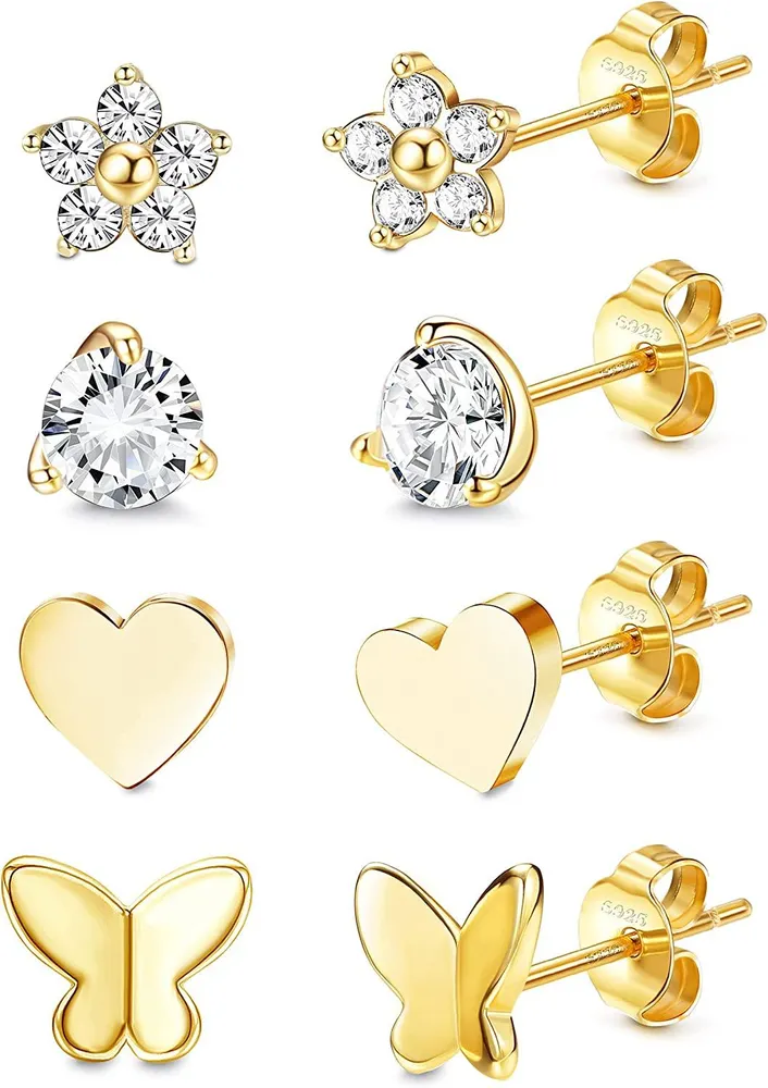 4 Pairs Stud Earrings Set for Women Heart CZ Butterfly Moon Flower Stud Earrings Hypoallergenic 4MM Cubic Zirconia Cartilage Earrings Set - Grocery