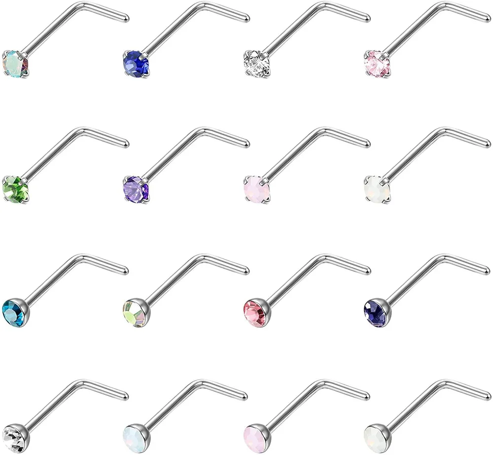 16Pcs 20G Nose Ring Studs L Bone Screw Shaped Nose Studs C-Shaped Nose Rings Hoop CZ Nose Piercing Jewelry for Men Women - Grocery