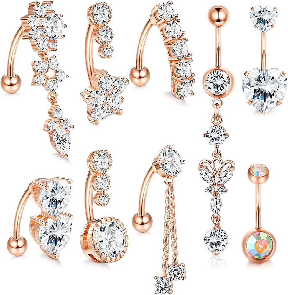 9Pcs 14G 316L Stainless Steel Dangle Belly Button Rings for Women Clear CZ Reverse Navel Rings Curved Barbell Body Piercing Jewelry - Grocery