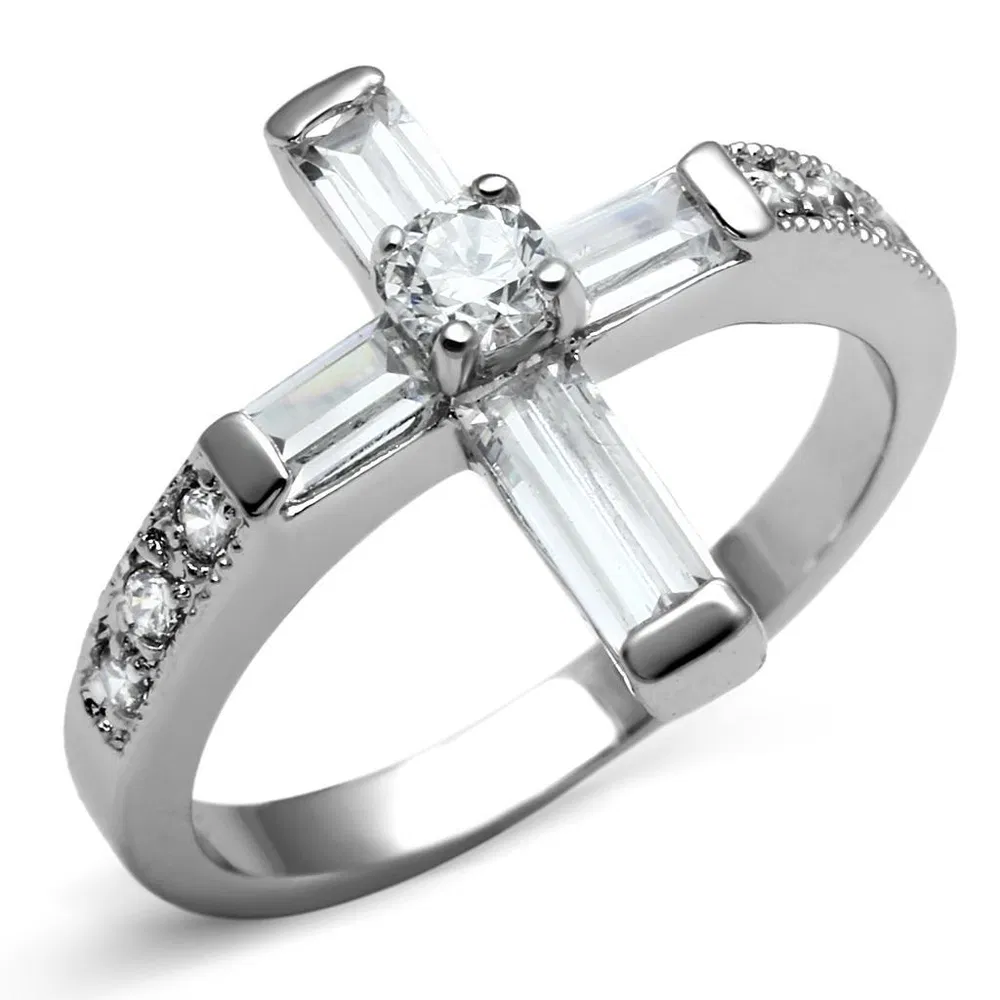 TK2871 - High polished (no plating) Stainless Steel Ring with AAA Grade CZ in Clear - Grocery