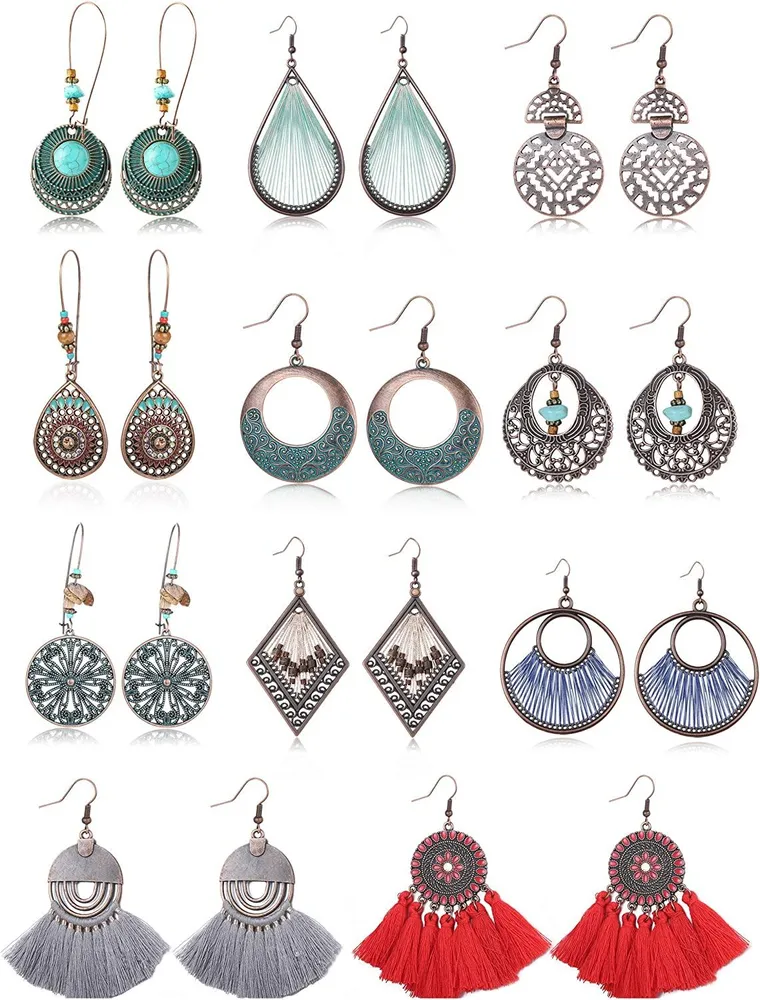 11 Pairs Bohemian Vintage Drop Earrings for Women Geometric Dangle Hollow Pendant Earrings Set - Grocery