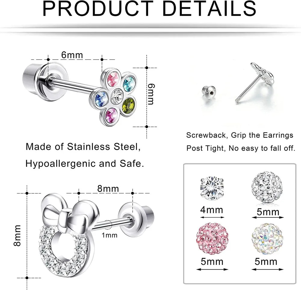 Screw Back Earrings for Women Teens Daisy Mouse Earrings Stud CZ Stainless Earrings Set Piercing Cartilage - Grocery