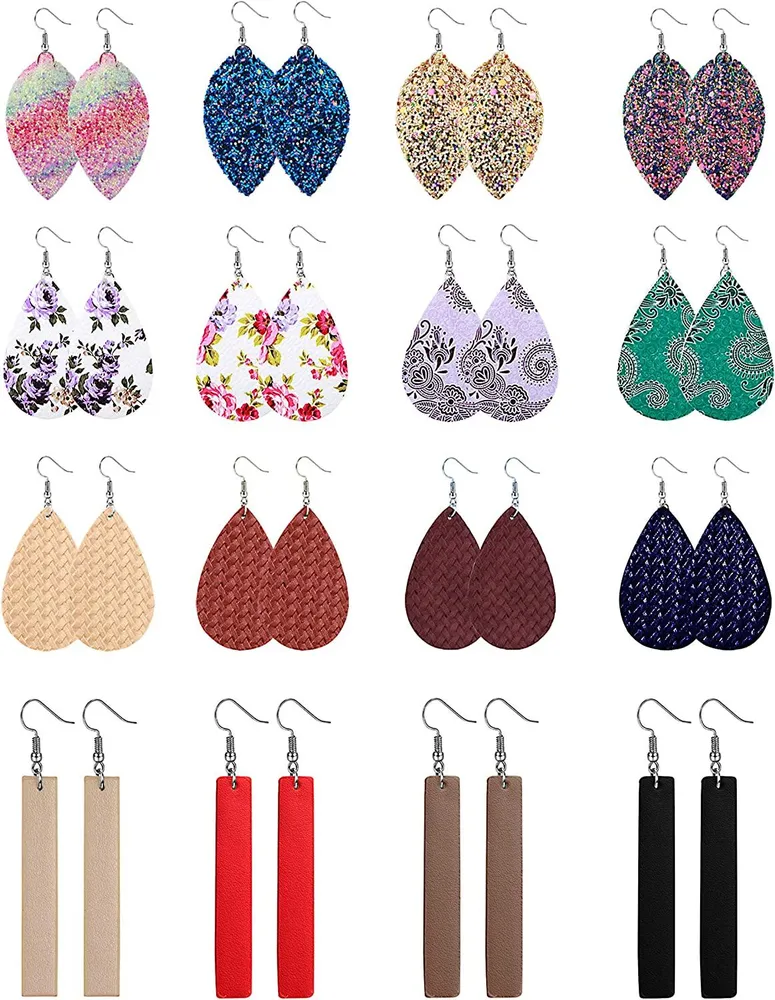 16Pairs Teardrop Leather Earrings for Women Lightweight Glitter Leaf Bar Leopard Dangle Drop Earrings Faux Leather Earring Set - Grocery