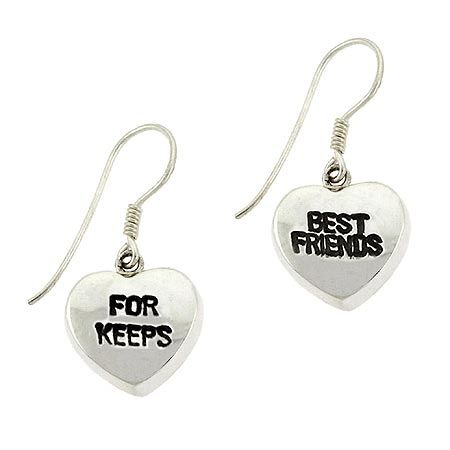 Sterling Silver 'Best Friends' & 'For Keeps' Heart Dangle Friendship Earrings - Grocery
