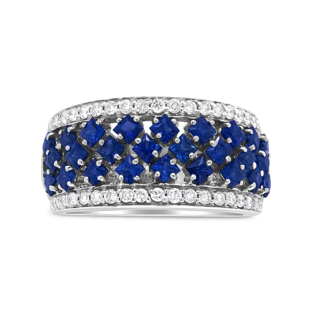 18K White Gold 3/8 Cttw Diamond and 2x2mm Princess Cut Blue Sapphire Fashion Band Ring (F-G Color, VS1-VS2 Clarity) - Size 7 - Grocery