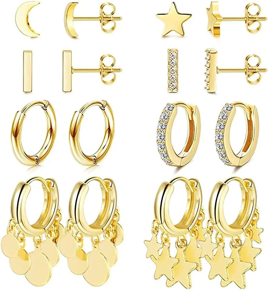 8Pairs Mini Bar Stud Earrings Samll Hoop Earrings Moon Star Studs Huggie Hoop Earrings for Women - Grocery