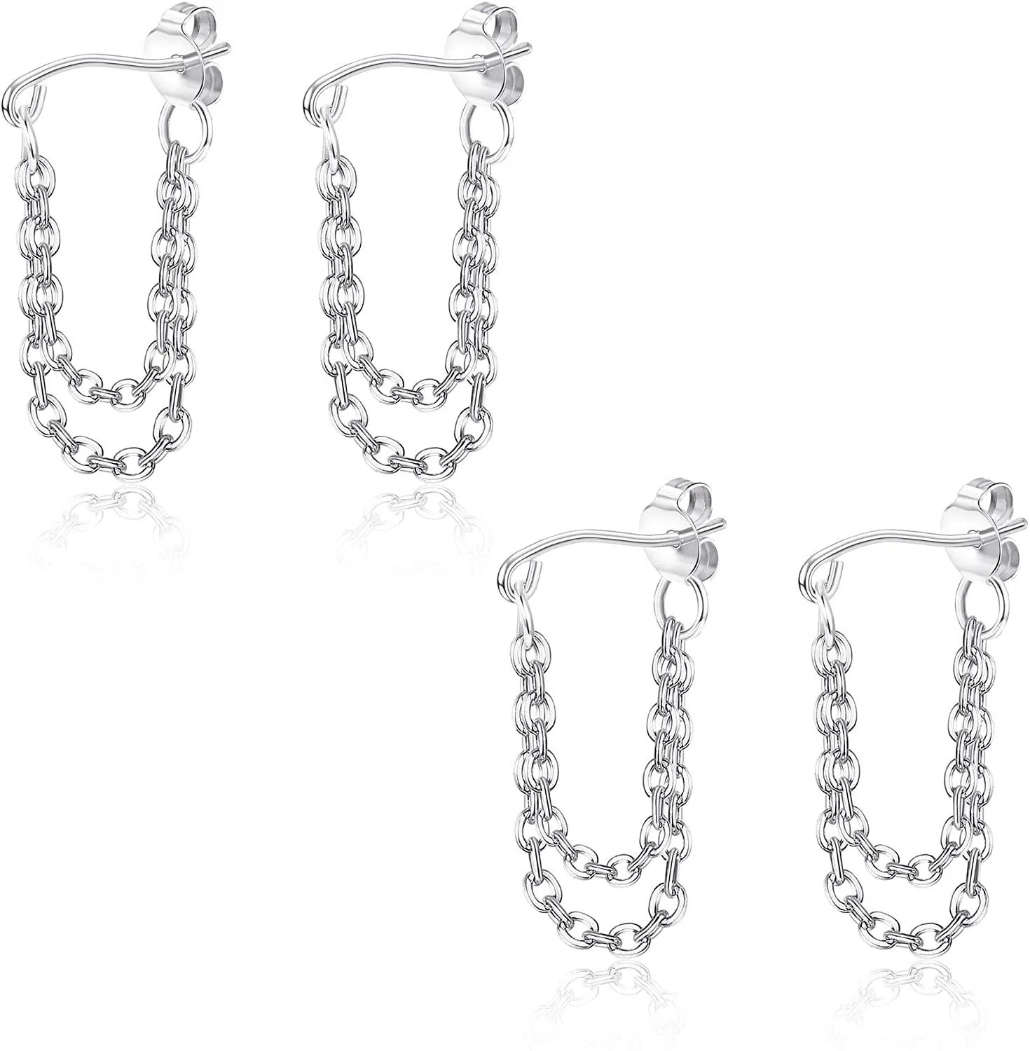 2 Pairs Double Chains Earring; Minimalist Chain Cuff Earrings; Double Chains Cartilage Earring Helix Conch Piercing Jewelry Punk Style - Grocery