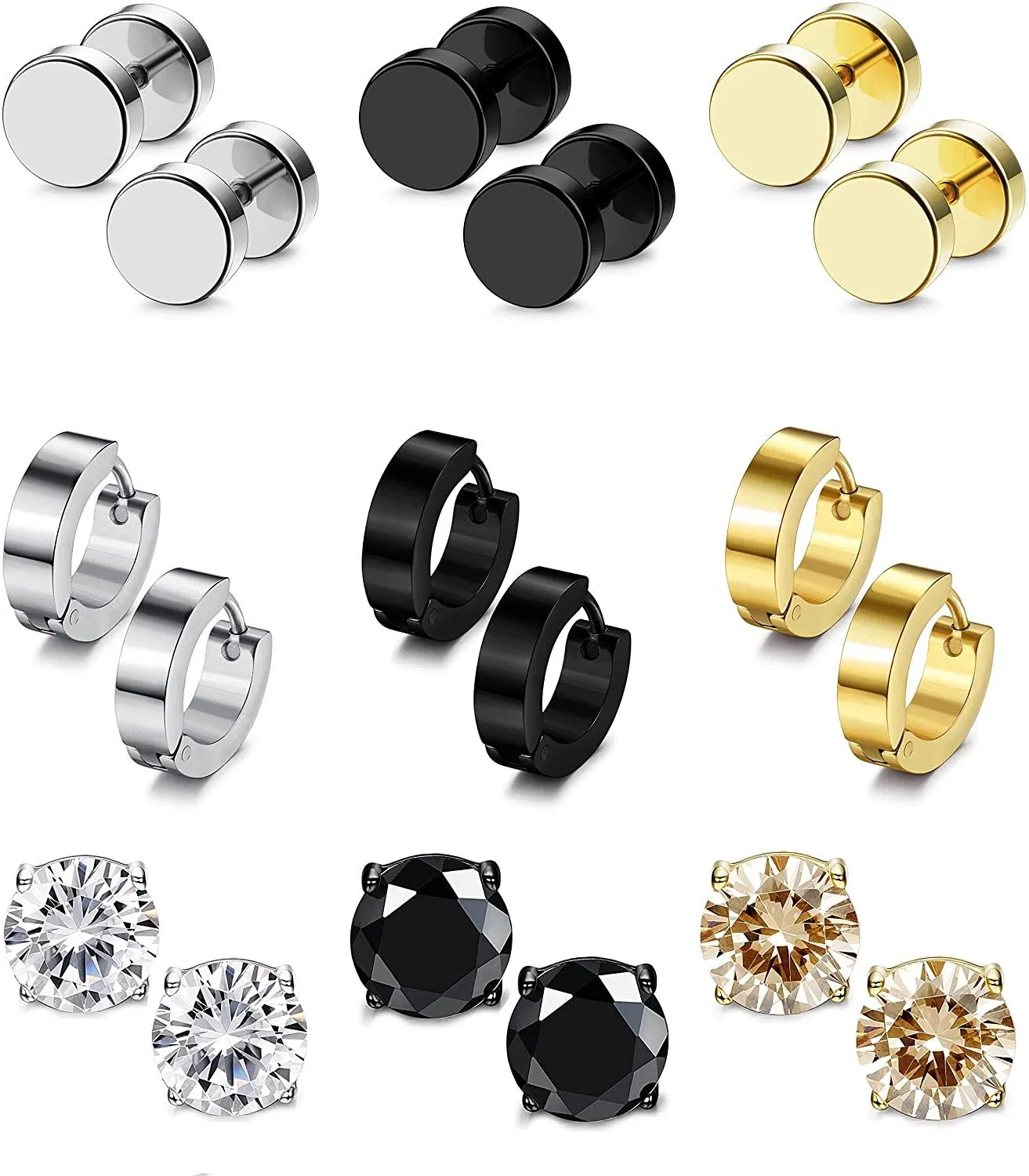 12 Pairs Stainless CZ Stud Earrings Hoop Earrings Gauge Earrings Set for Men Women piercing earrings - Grocery