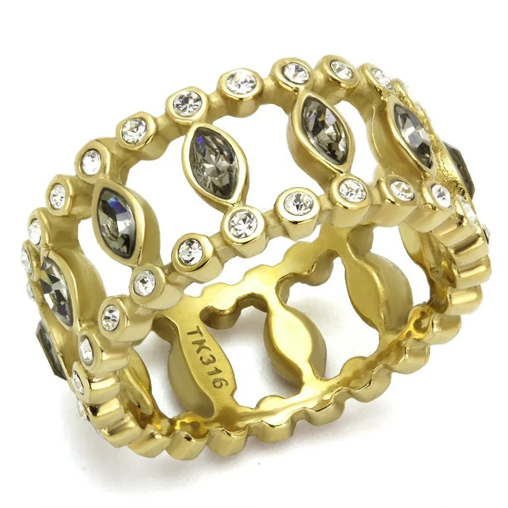 TK2907 - IP Gold(Ion Plating) Stainless Steel Ring with Top Grade Crystal in Black Diamond - Grocery