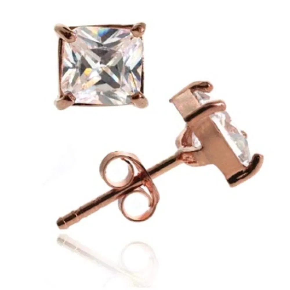 18K Rose Gold over Sterling Silver CZ Square Stud Earrings, 6mm - Grocery