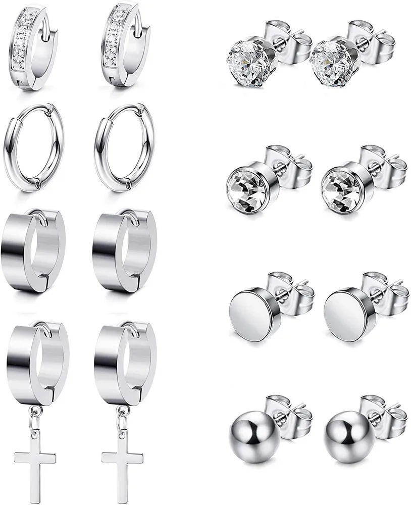 8pairs Stainless Steel Hoop Earrings for Women Mens Ball Cubic Zirconia Stud Earring Small Huggie Diamond Hoop Hanging Cross Studs Hoops Earrings Set - Grocery