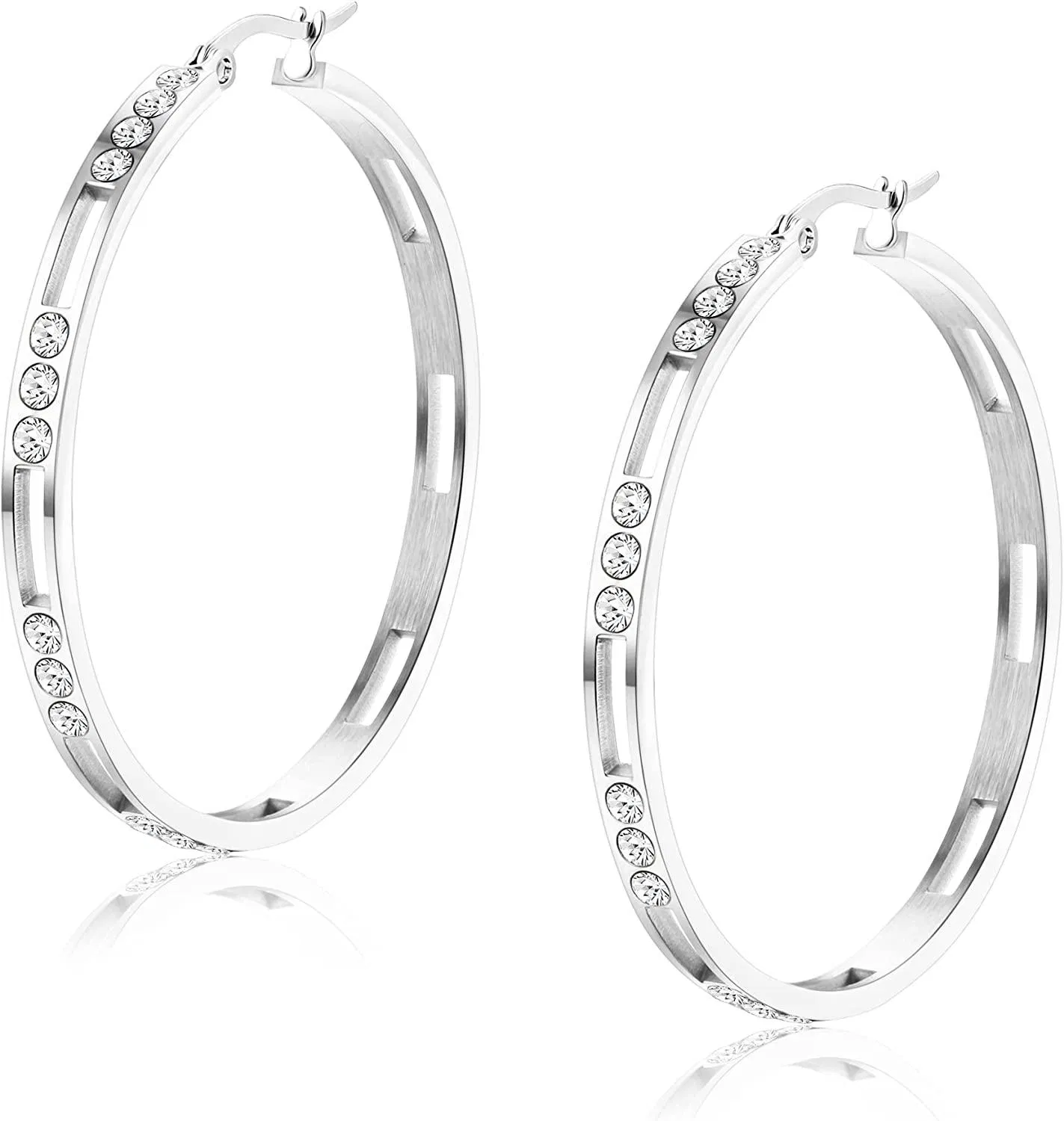 Women Large Hoop Earrings Cubic Zirconia Big Hoop Pierced Earrings Stainless 45MM - Grocery