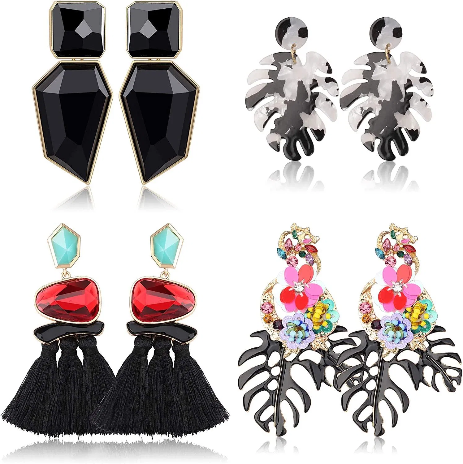 4 Pairs Statement Earrings for Women Acrylic Palm Leaf Earrings Bohemian Flower Dangle Alloy Earrings Tassel Earrings Set - Grocery