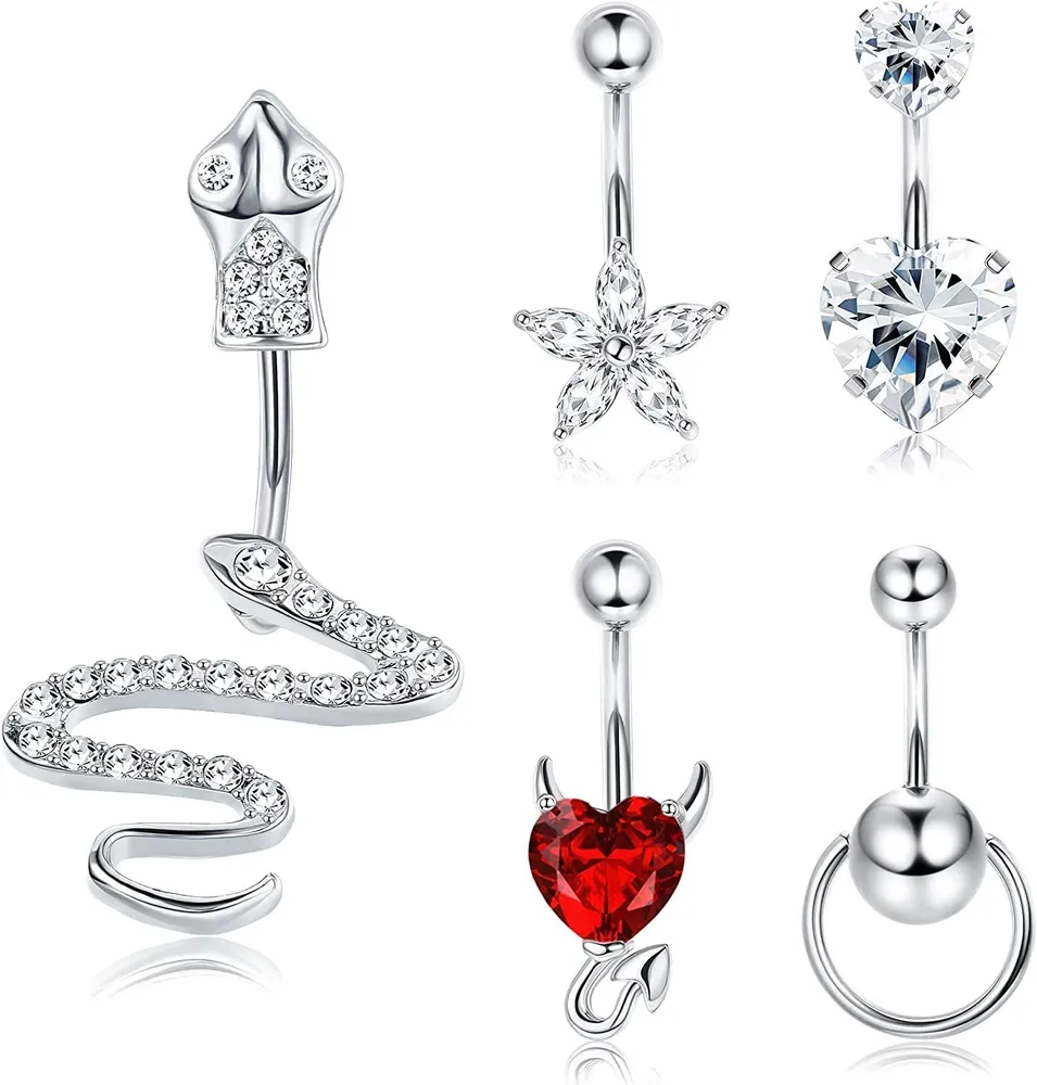 5Pcs 14G Belly Button Rings Dangle for Women Stainless Navel Ring Body Piercing Jewelry - Grocery