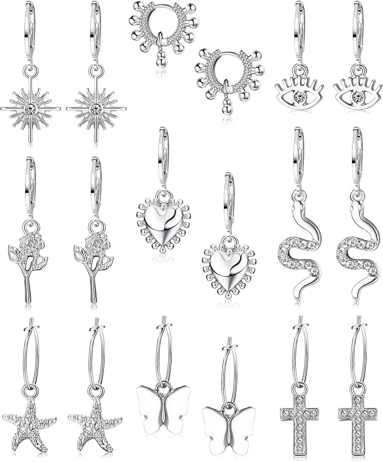 9 Pairs 14K Gold Plated Small Hoop Earrings Pack with Charm; Mini Hoop Dangle Earrings with Charm; Huggie Hoop Earrings Set for Women - Grocery