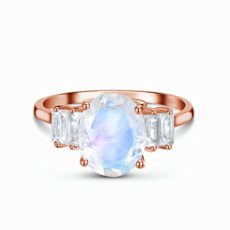 S925 Sterling Silver Oval Moonstone Ring Jewelry - Grocery