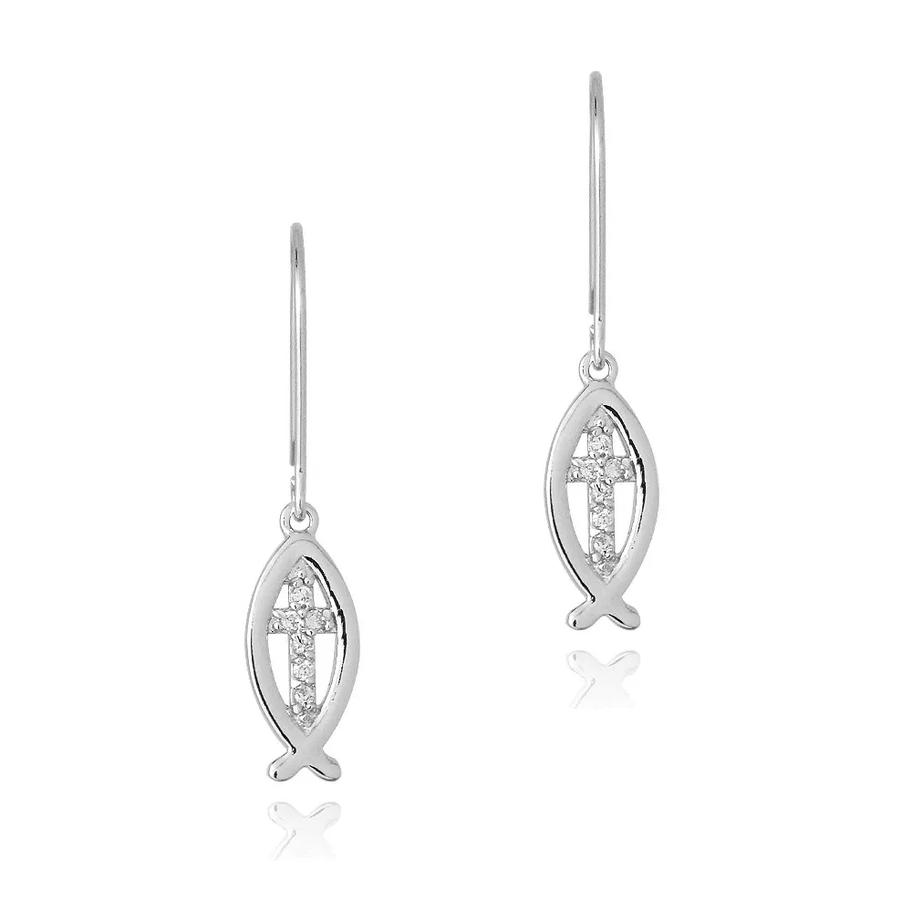 Sterling Silver CZ Cross Religious Fish Dangle Earrings - Grocery