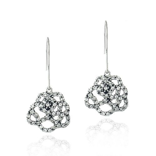 Silver Tone Crystal Rose Dangle Earrings - Grocery