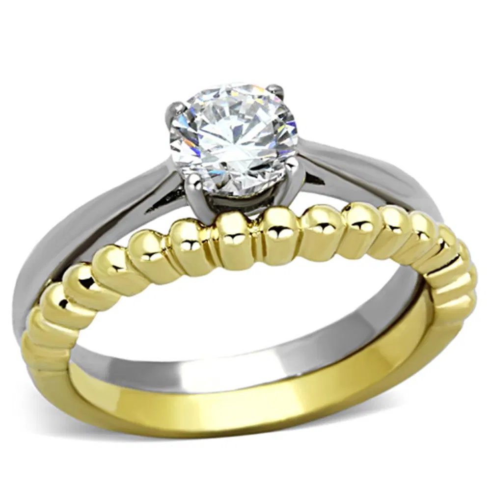 TK1093 - Two-Tone IP Gold (Ion Plating) Stainless Steel Ring with AAA Grade CZ in Clear - Grocery