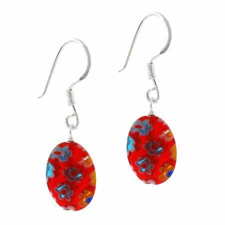 Sterling Silver Murano Glass Red Oval Millefiori Earrings - Grocery