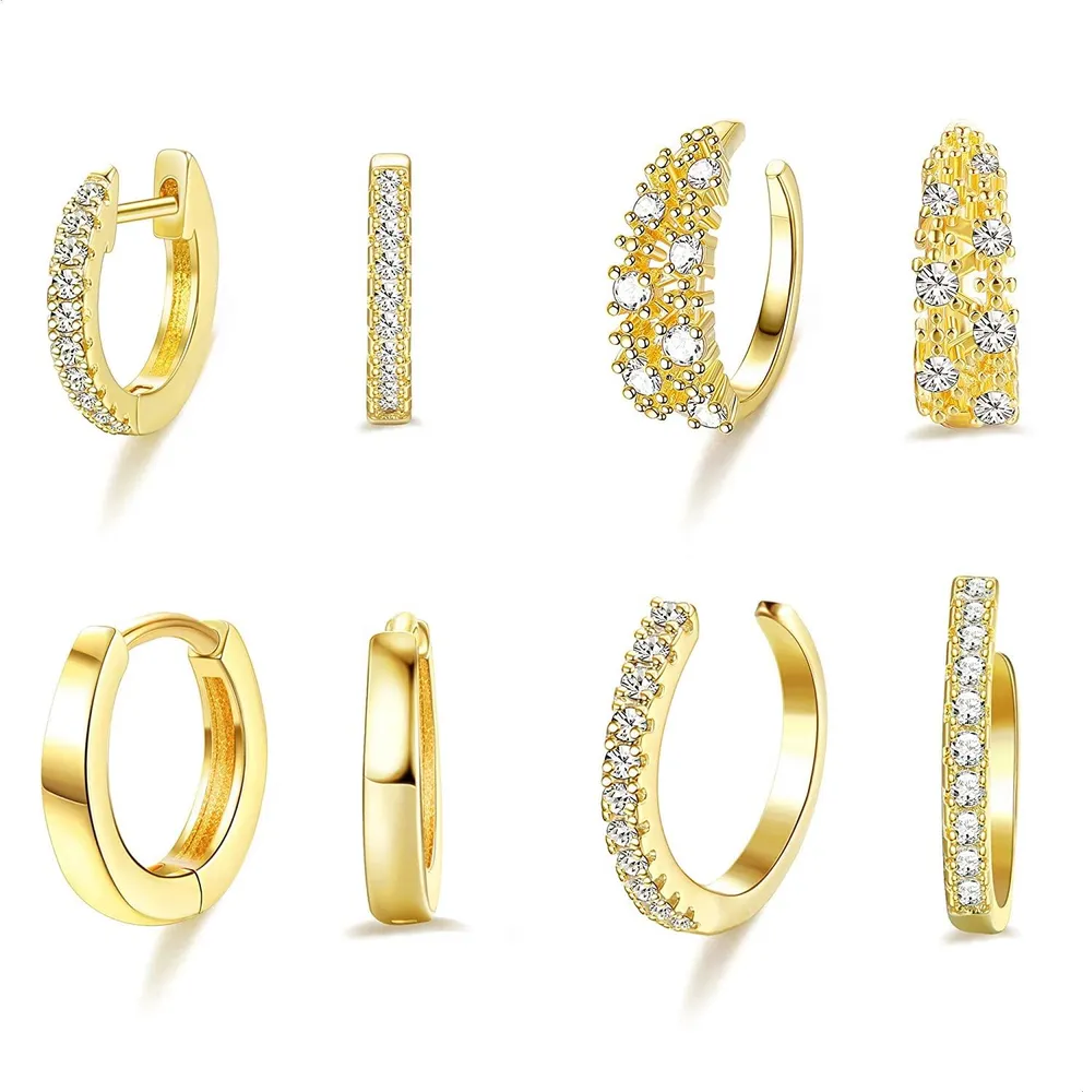 4 Pairs Stainless Hoop Earrings for Woman Zirconia Cuff Earrings Huggie Stud Round and Small Hoop Earrings Set - Grocery