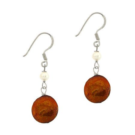 Sterling Silver Freshwater Cultured Amber & White Coin Pearl Dangle Earrings - Grocery