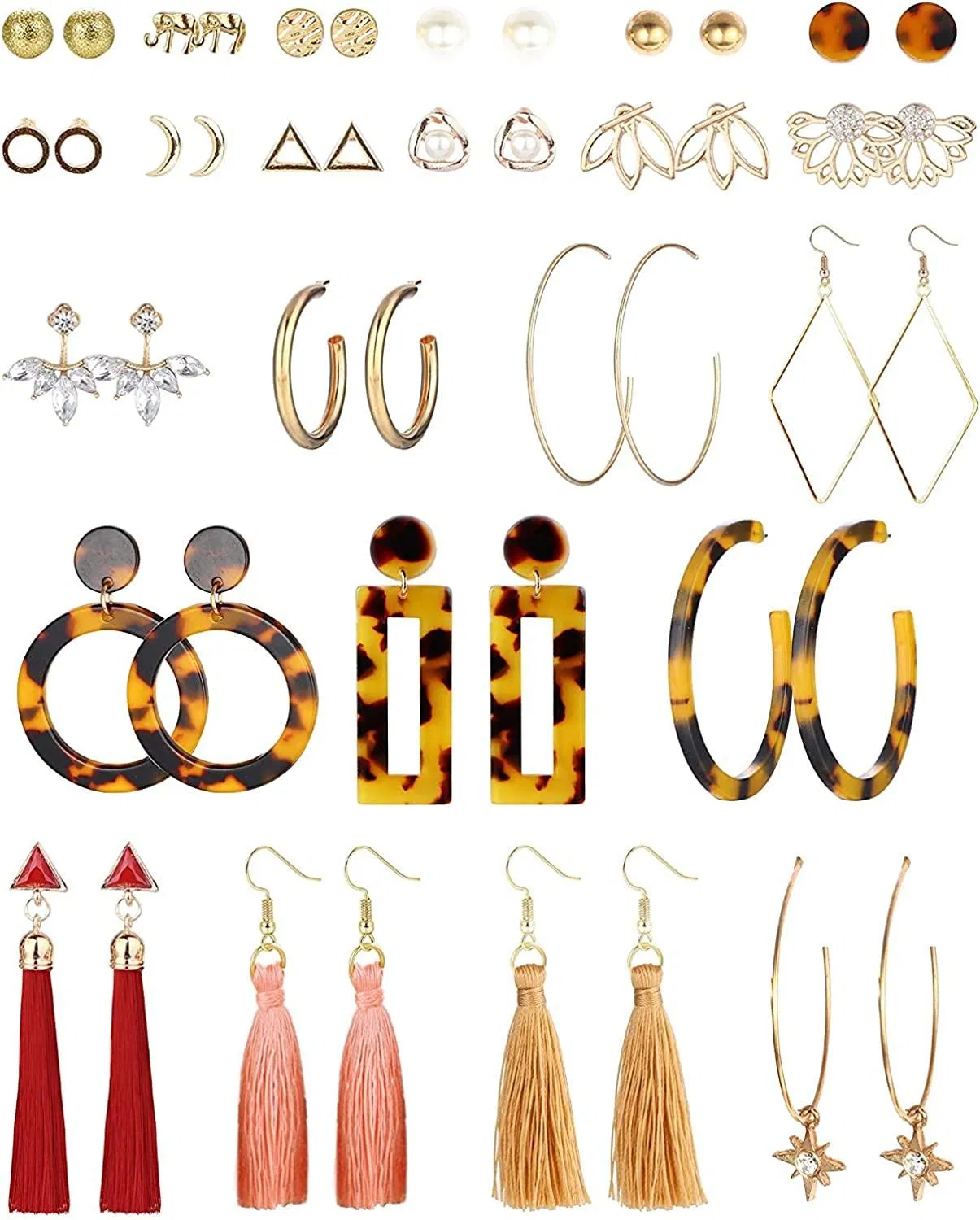 22Pairs Fashion Earrings Set for Women Bohemian Tassel Drop Dangle Earrings Acrylic Leopard Statement Hoop Earrings Ball Stud Earrings - Grocery