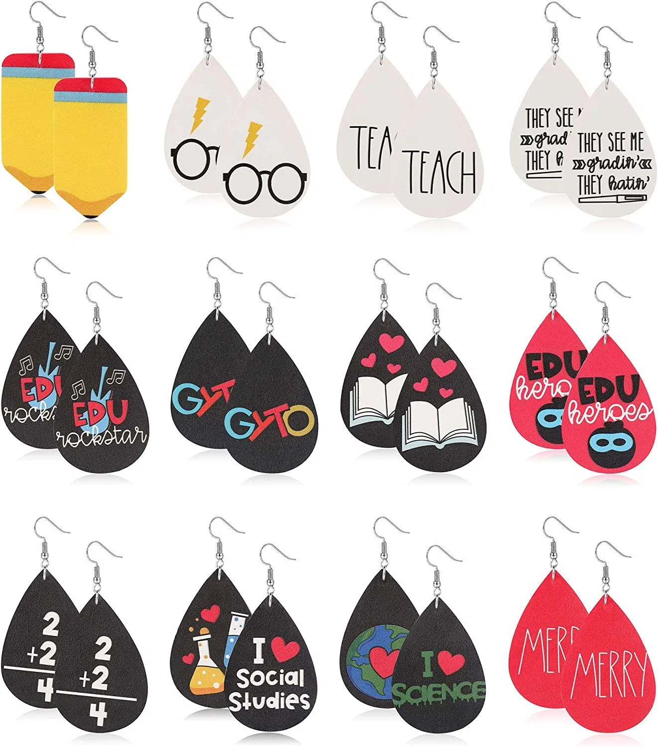 12 Pairs Faux Leather Earrings for Women Lightweight Cute Print Pencil Drop Earrings Handmade Teardrop Dangle Earrings Set - Grocery