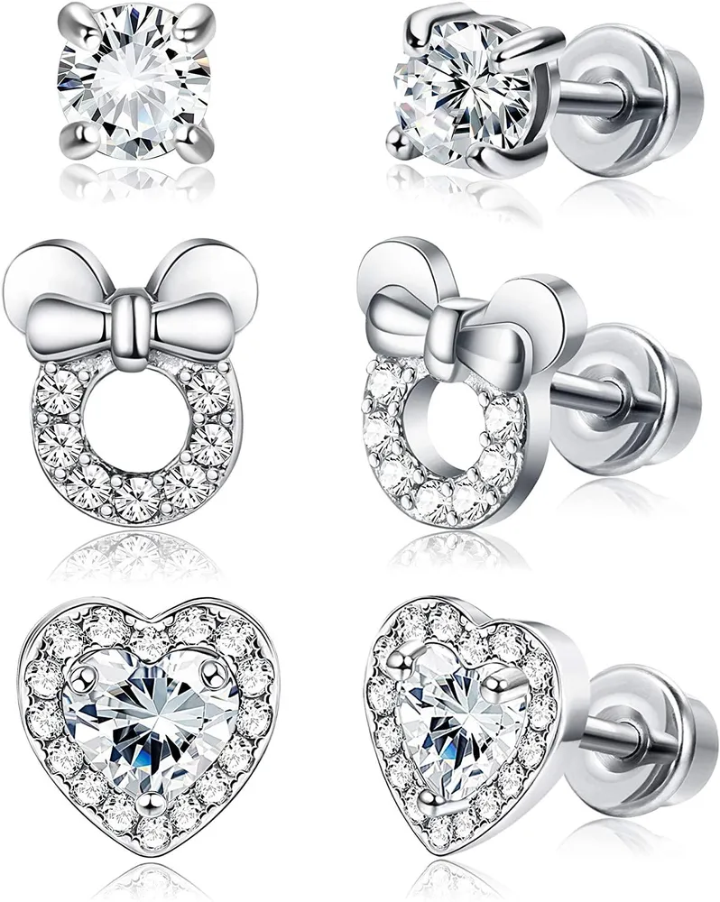 3 Pairs Screwback Earrings for Women Heart CZ Stud Stainless Steel Earrings Set - Grocery