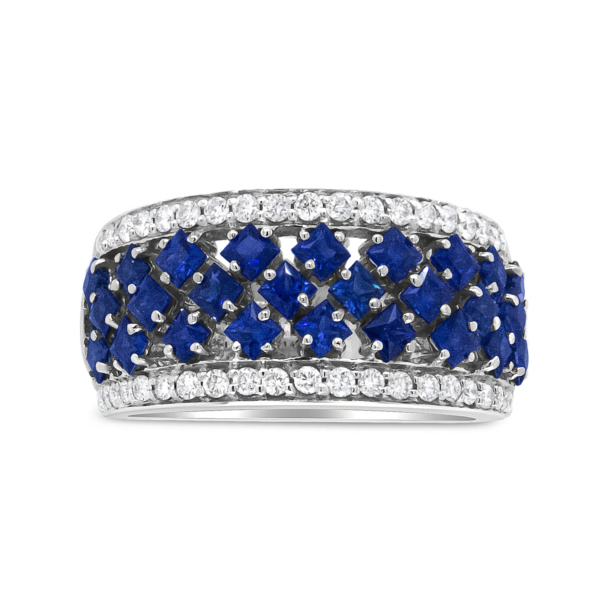 18K White Gold 3/8 Cttw Diamond and 2x2mm Princess Cut Blue Sapphire Fashion Band Ring (F-G Color, VS1-VS2 Clarity) - Size 7 - Grocery