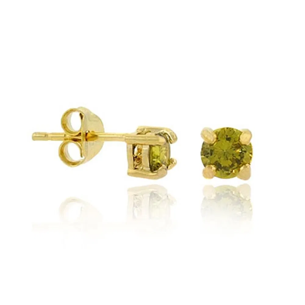 18K Gold over Sterling Silver Olive Green CZ 4mm Round Stud Earrings - Grocery