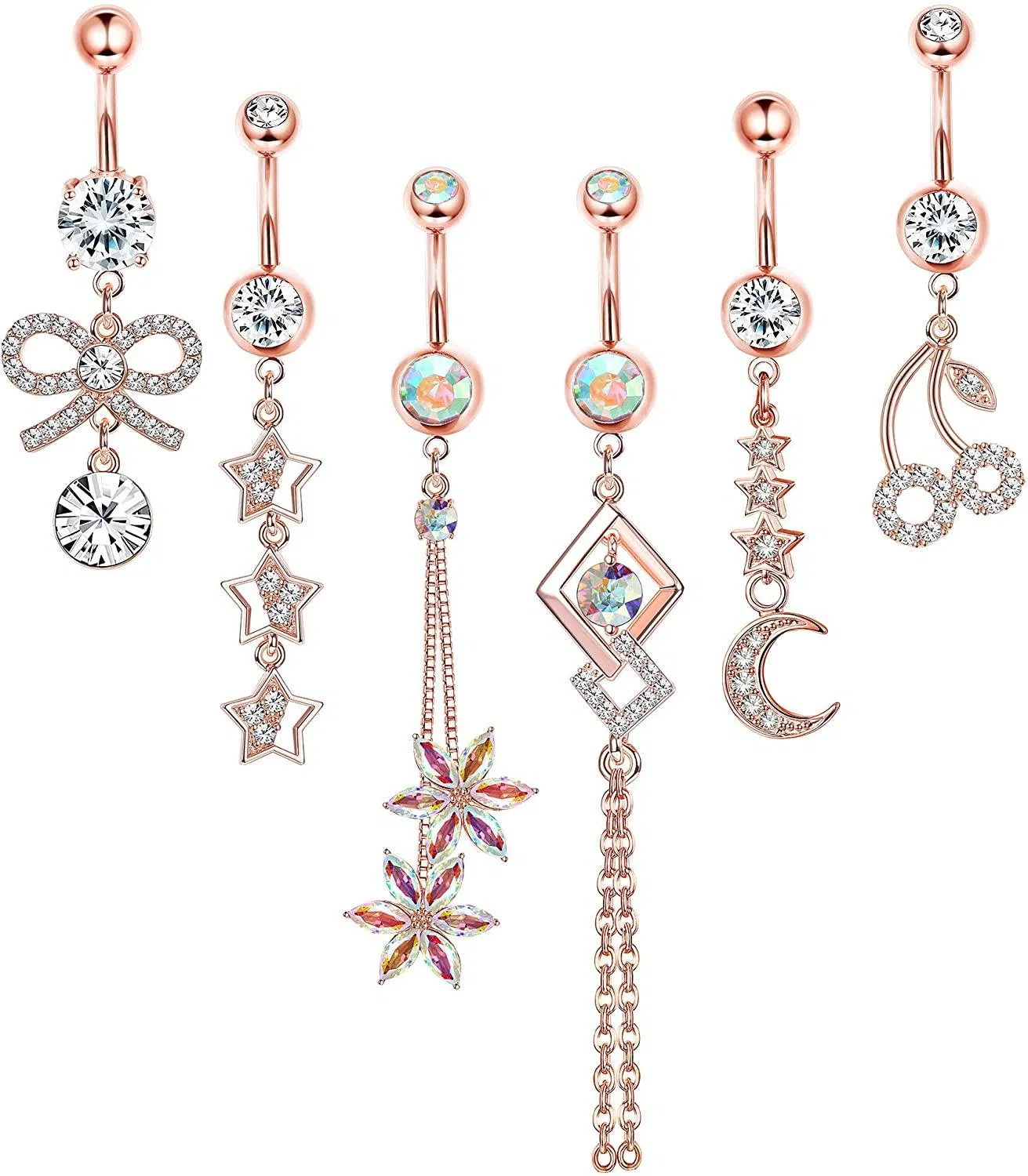6pcs 14g Belly Button Rings Dangle; Navel Rings Barbell CZ Paved; Surgical Steel Body Piercing Jewelry for Women - Grocery