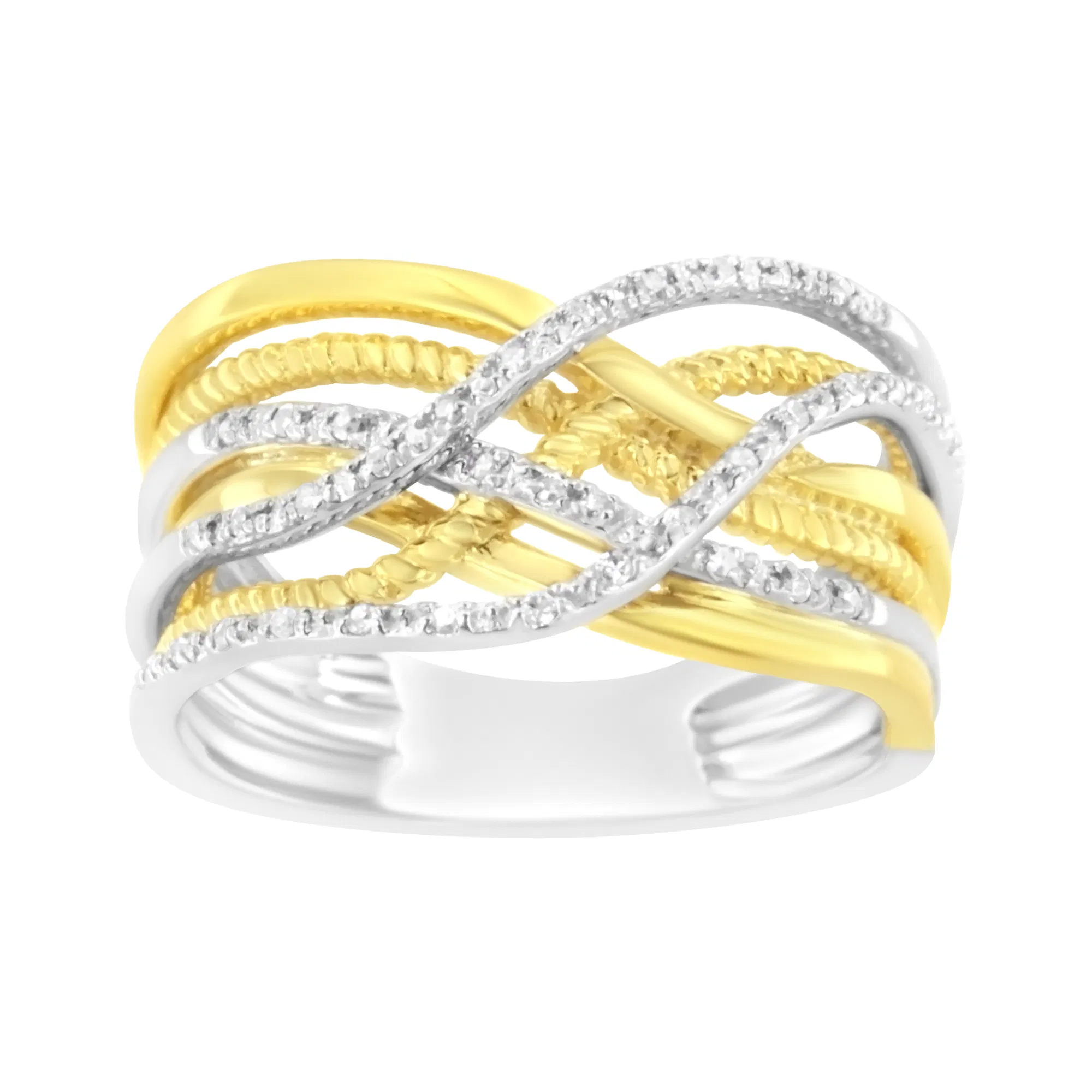 10K Yellow Gold Plated .925 Sterling Silver 1/10 Cttw Diamond Multi Row Crossover Ring Band (I-J Color, I1-I2 Clarity) - Grocery