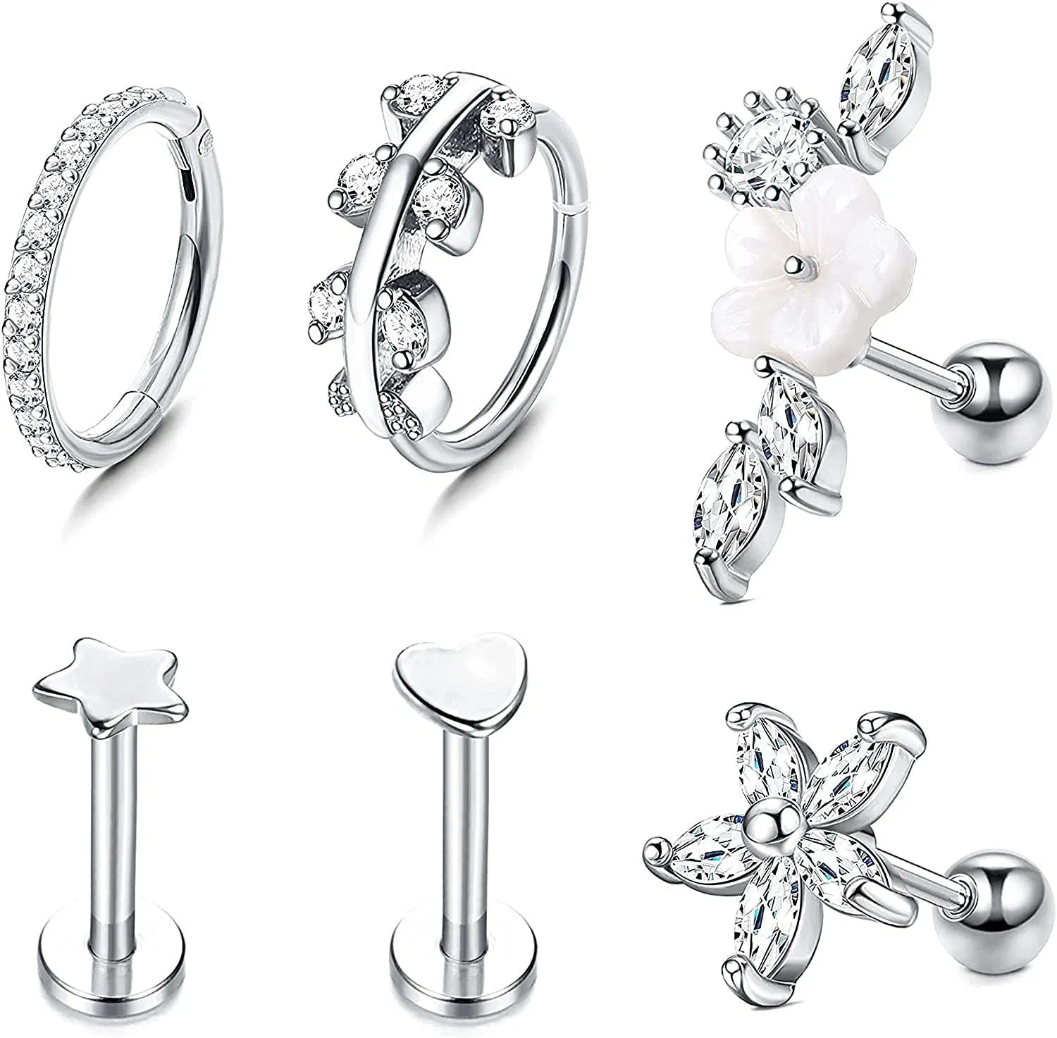 6Pcs 16G Tragus Earring for Women Stainless Cartilage Earrings CZ Labret Conch Rook Helix Piercing Jewelry - Grocery